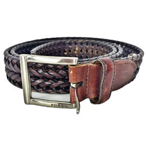 Fossil‎ Braided Leather Brown Belt Size 40 / 100 1.25" W Silver Buckle Hardware